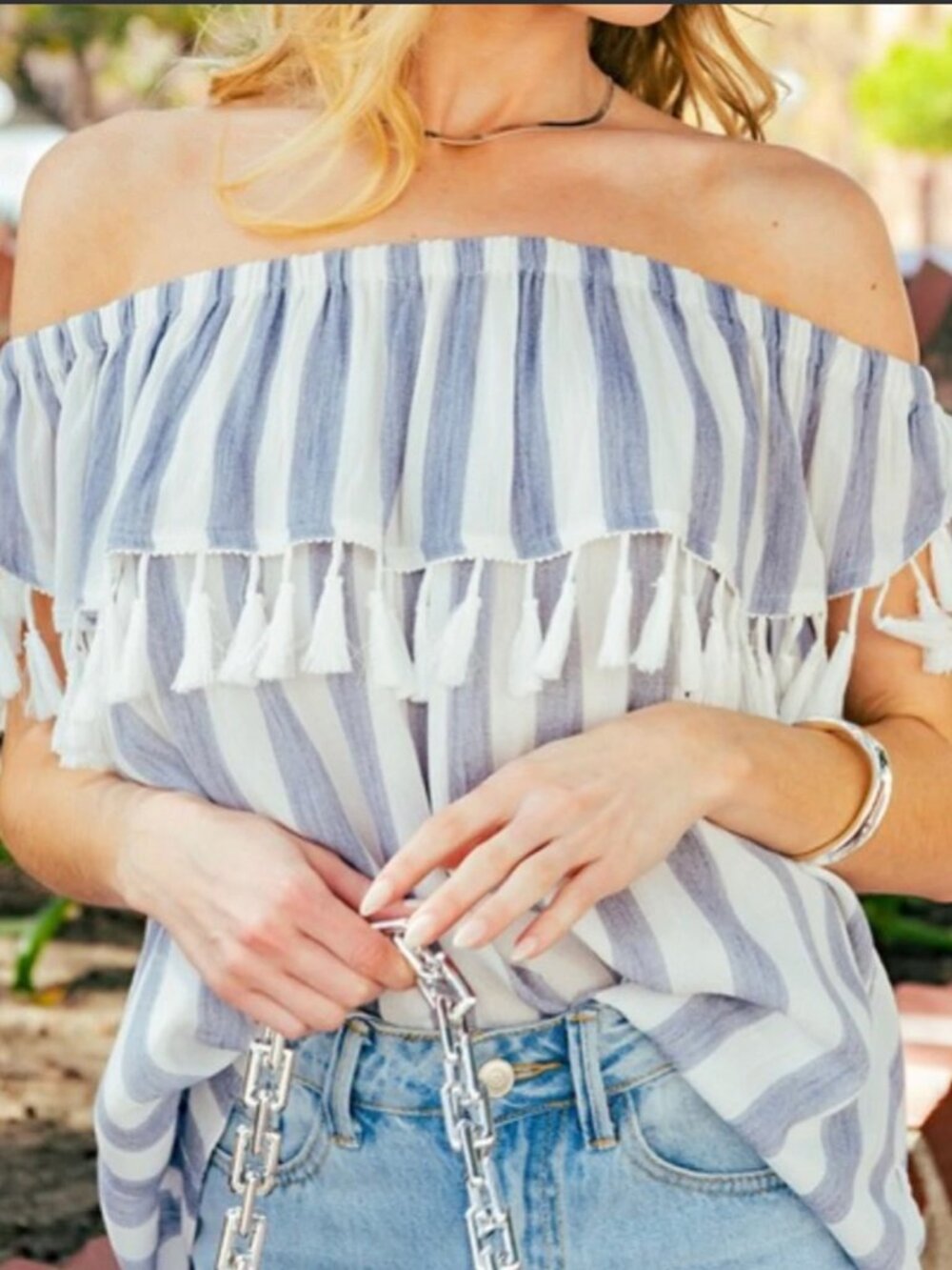 **Vintage Havana Striped Off Shoulder Tassel Tank Top — Blue & White, Small NWT*